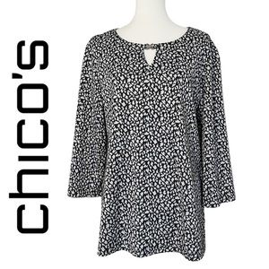 Chico's Shirt Top Blouse Keyhole‎ Neckline Animal Print Black White 3/4 Sleeve